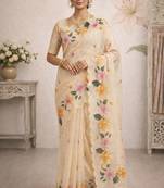Sangam prints beige cotton print  woven work traditional saree