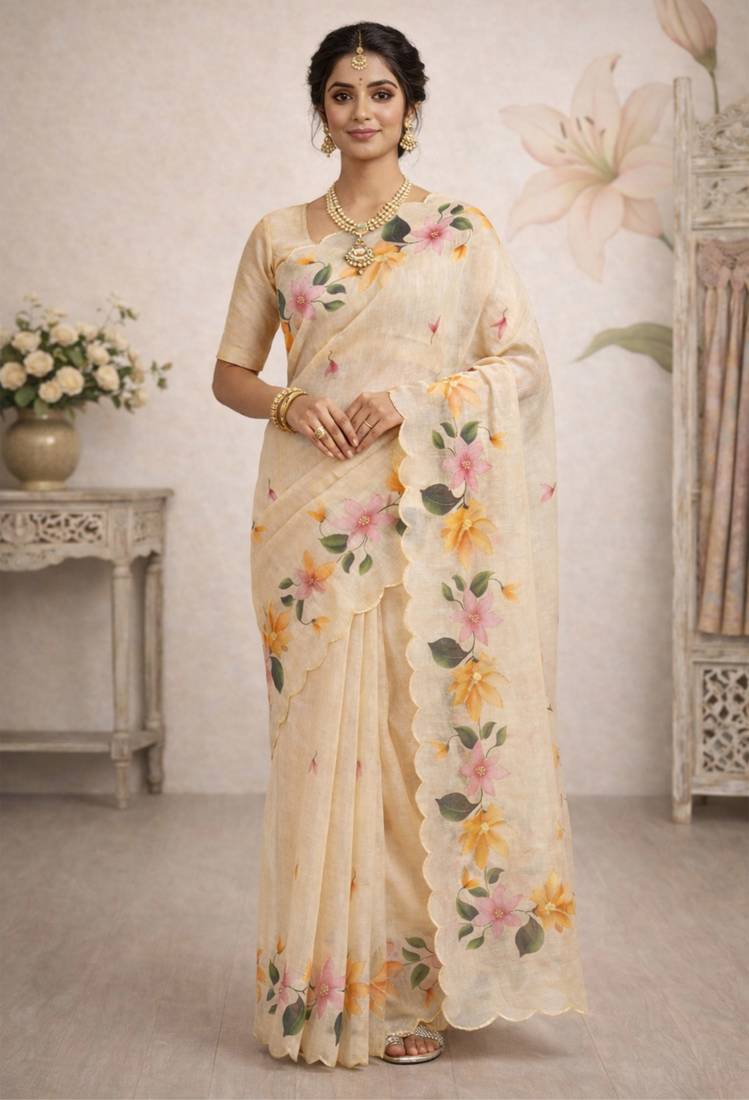 Sangam prints beige cotton print  woven work traditional saree