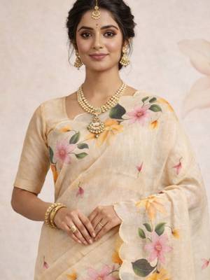 Sangam prints beige cotton print   woven work traditional saree 2