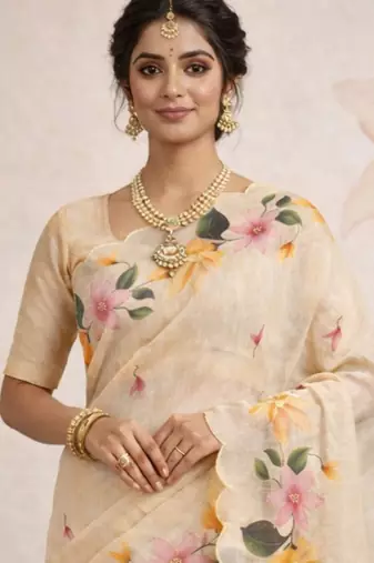 Sangam prints beige cotton print   woven work traditional saree