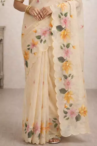 Sangam prints beige cotton print   woven work traditional saree
