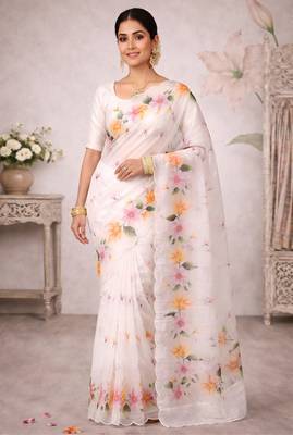 Sangam prints off-white cotton print   woven work traditional saree 1