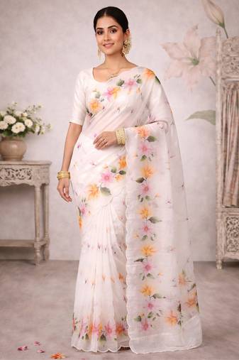 Sangam prints off-white cotton print  woven work traditional saree