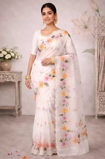 Sangam prints off-white cotton print   woven work traditional saree