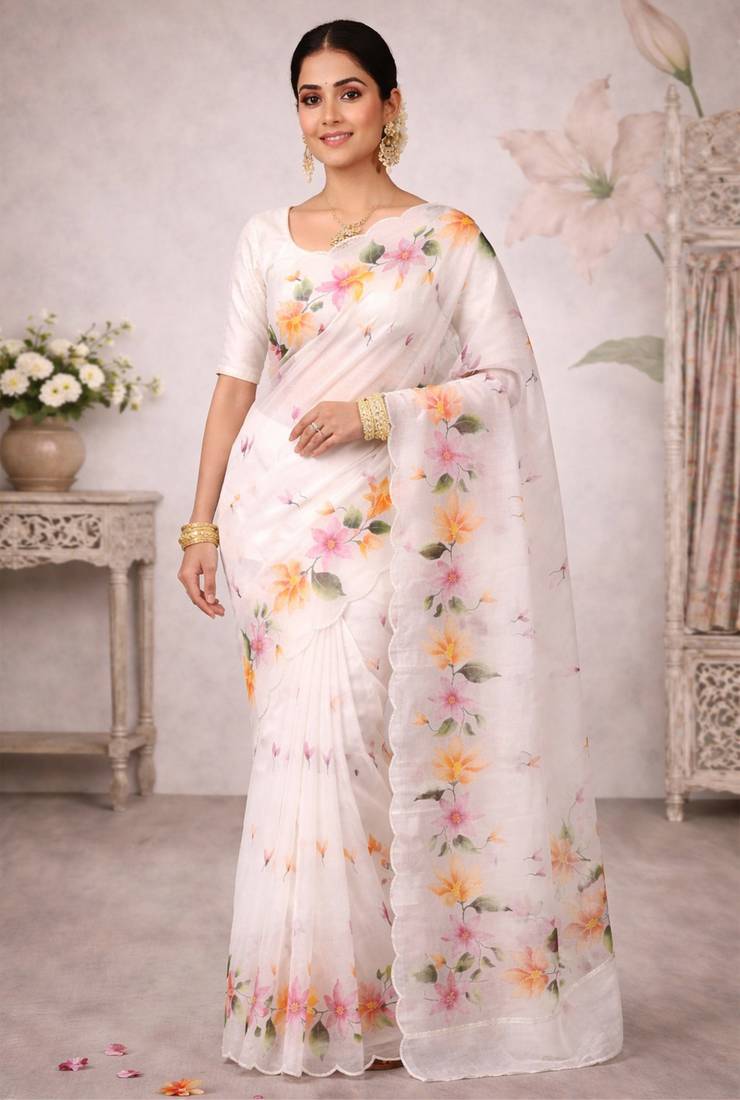 Sangam prints off-white cotton print  woven work traditional saree