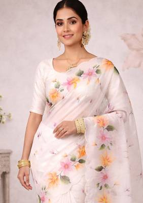 Sangam prints off-white cotton print   woven work traditional saree 2