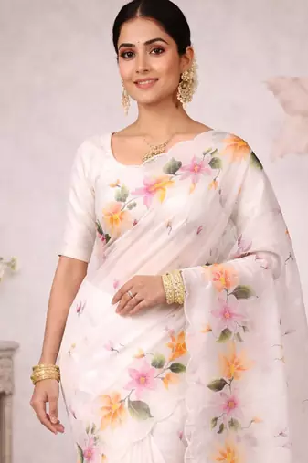 Sangam prints off-white cotton print   woven work traditional saree