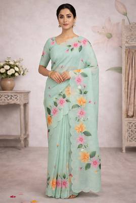 Sangam prints sea green cotton print   woven work traditional saree 1