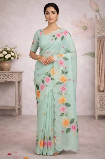 Sangam prints sea green cotton print   woven work traditional saree