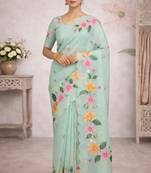 Sangam prints sea green cotton print  woven work traditional saree