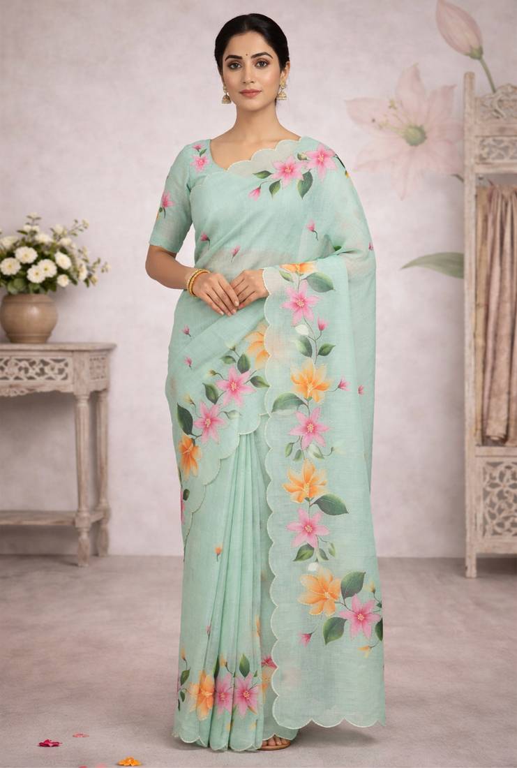 Sangam prints sea green cotton print  woven work traditional saree