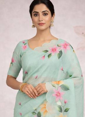 Sangam prints sea green cotton print   woven work traditional saree 2