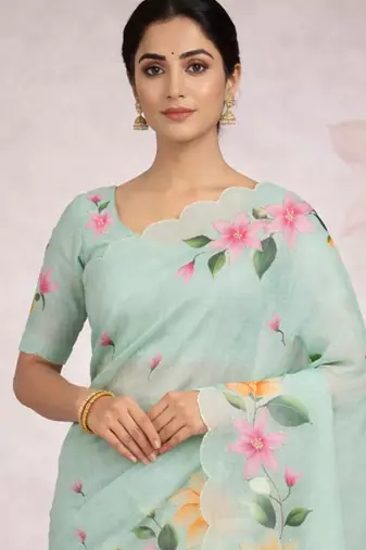 Sangam prints sea green cotton print   woven work traditional saree