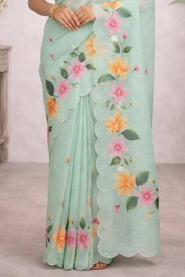 Sangam prints sea green cotton print   woven work traditional saree 3