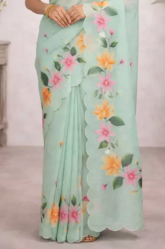 Sangam prints sea green cotton print   woven work traditional saree