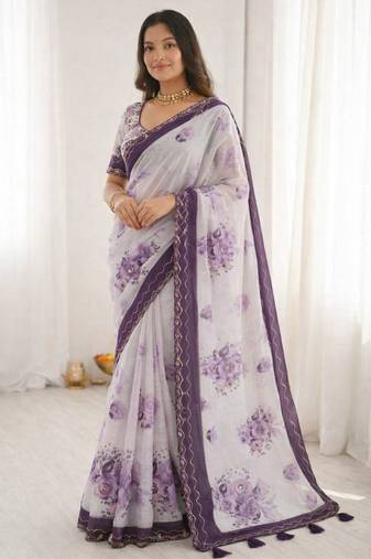 Sangam prints dark purple cotton print with aari work woven work traditional saree