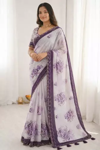 Sangam prints dark purple cotton print with aari work woven work traditional saree