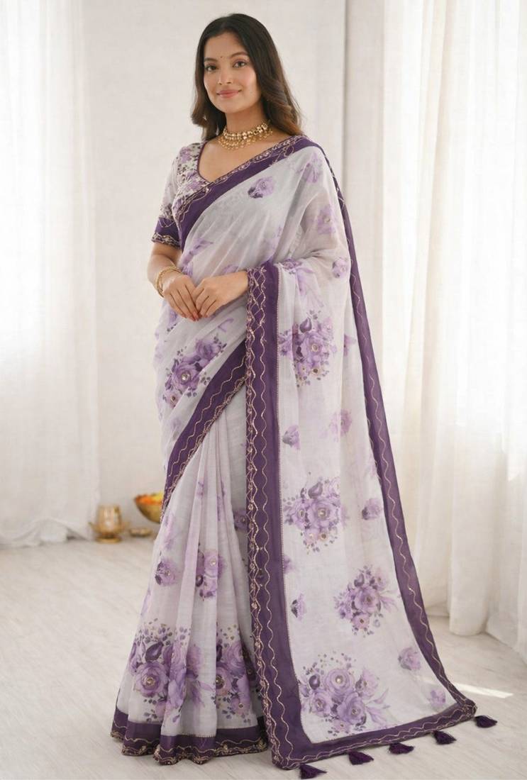 Sangam prints dark purple cotton print with aari work woven work traditional saree