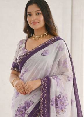 Sangam prints dark purple cotton print with aari work woven work traditional saree 2