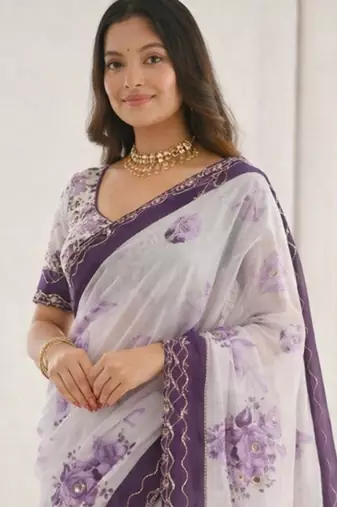 Sangam prints dark purple cotton print with aari work woven work traditional saree