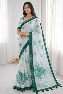 Sangam prints green cotton print with aari work woven work traditional saree 1