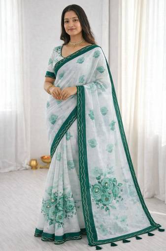 Sangam prints green cotton print with aari work woven work traditional saree