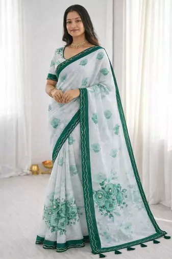 Sangam prints green cotton print with aari work woven work traditional saree