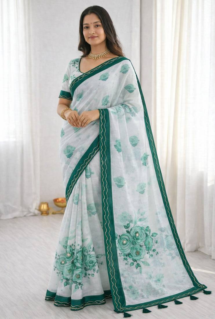 Sangam prints green cotton print with aari work woven work traditional saree