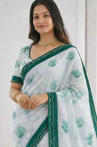 Sangam prints green cotton print with aari work woven work traditional saree