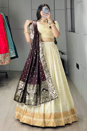 Wine Purple Color Zari Weaving Paithani Silk Lehenga Choli With Unstitched Blouse