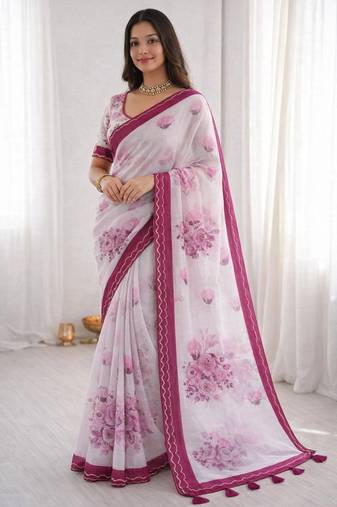 Sangam prints pink cotton print with aari work woven work traditional saree
