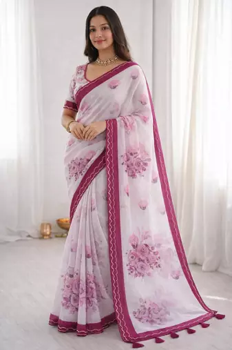 Sangam prints pink cotton print with aari work woven work traditional saree
