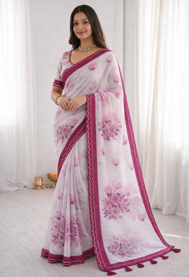 Sangam prints pink cotton print with aari work woven work traditional saree