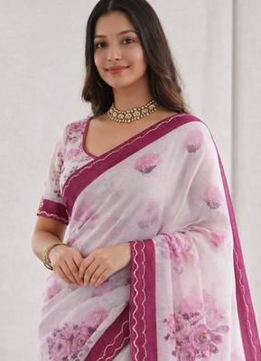 Sangam prints pink cotton print with aari work woven work traditional saree 2