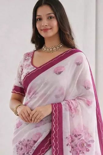 Sangam prints pink cotton print with aari work woven work traditional saree