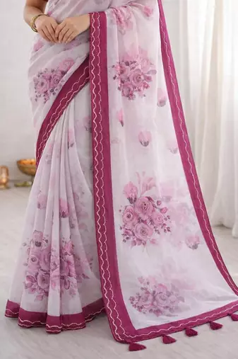 Sangam prints pink cotton print with aari work woven work traditional saree