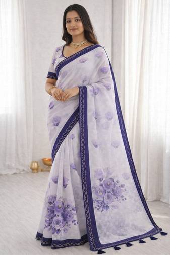 Sangam prints purple cotton print with aari work woven work traditional saree