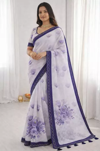 Sangam prints purple cotton print with aari work woven work traditional saree
