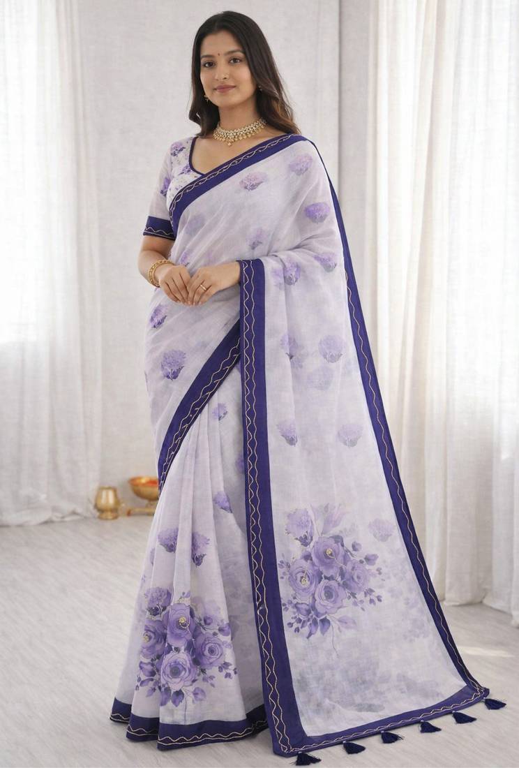 Sangam prints purple cotton print with aari work woven work traditional saree