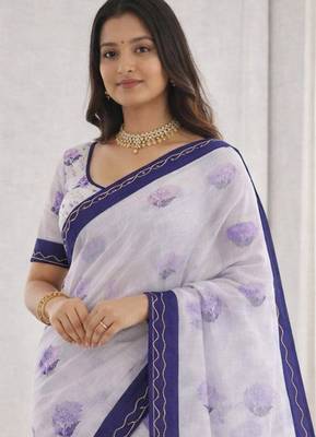 Sangam prints purple cotton print with aari work woven work traditional saree 2