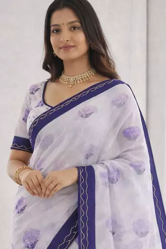 Sangam prints purple cotton print with aari work woven work traditional saree