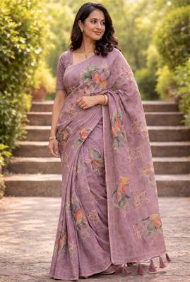 Sangam prints purple cotton print with aari work woven work traditional saree 1