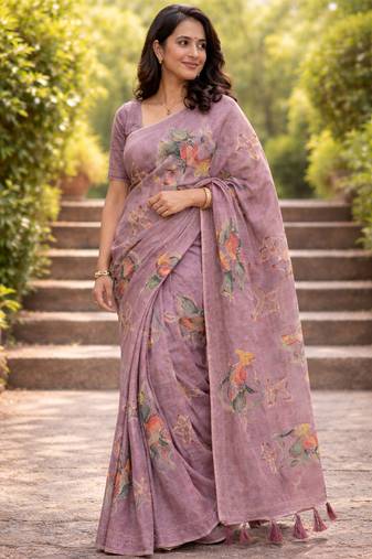 Sangam prints purple cotton print with aari work woven work traditional saree