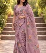 Sangam prints purple cotton print with aari work woven work traditional saree
