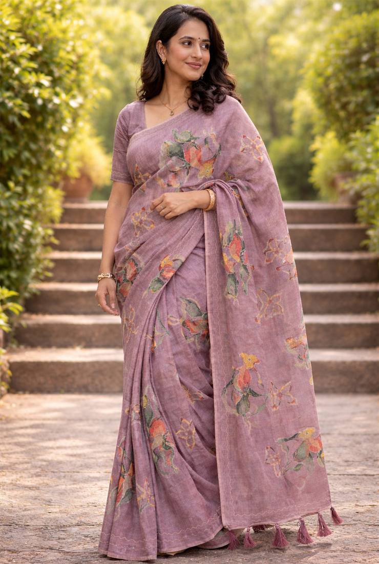 Sangam prints purple cotton print with aari work woven work traditional saree