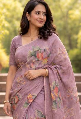 Sangam prints purple cotton print with aari work woven work traditional saree 2