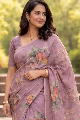 Sangam prints purple cotton print with aari work woven work traditional saree