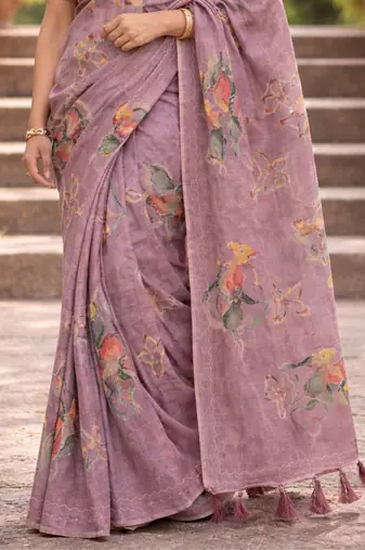 Sangam prints purple cotton print with aari work woven work traditional saree