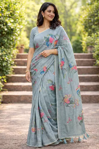 Sangam prints grey cotton print with aari work woven work traditional saree
