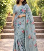 Sangam prints grey cotton print with aari work woven work traditional saree